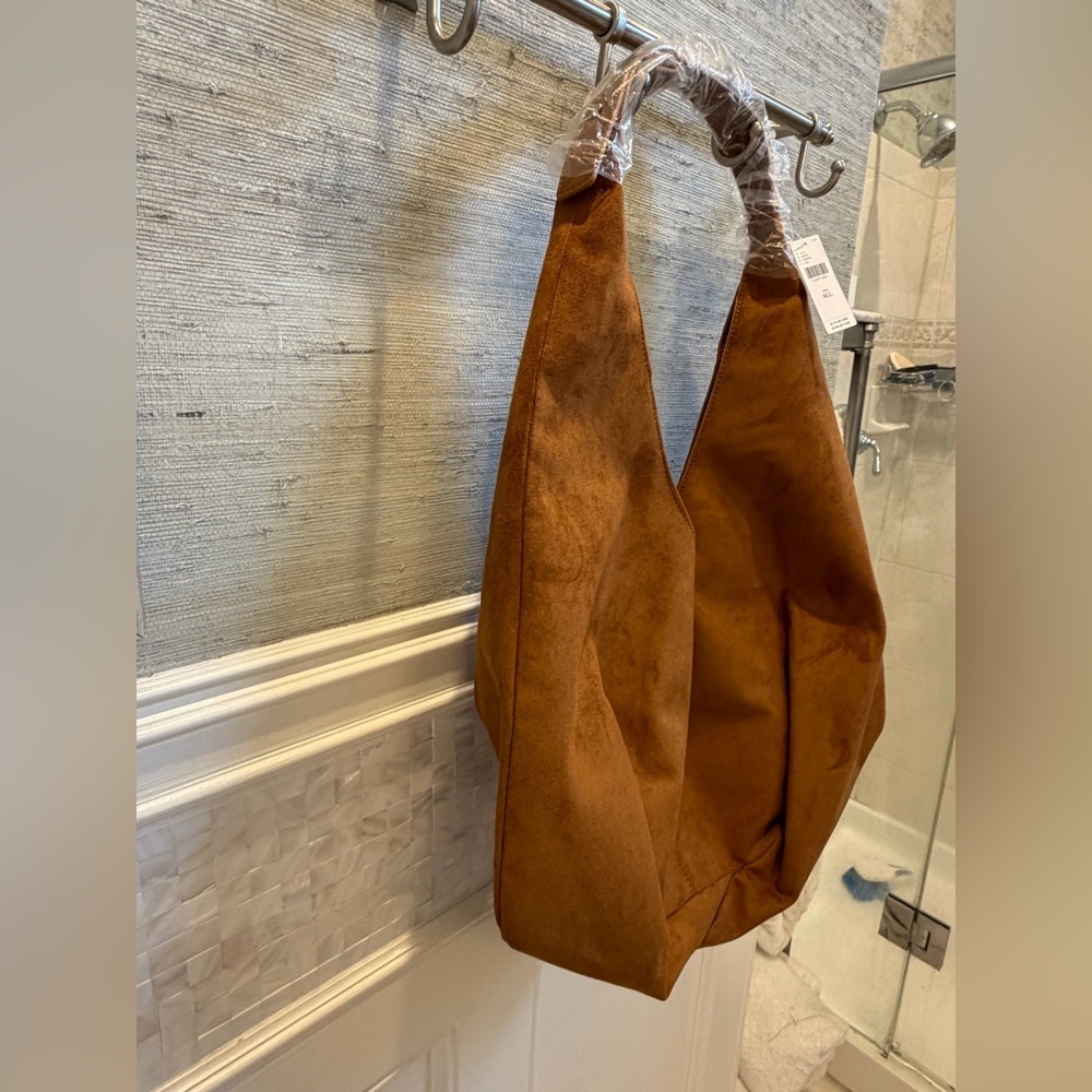NWT new Anthropologie large faux suede slouchy bag purse tan Hobo Bag - Picture 7 of 17